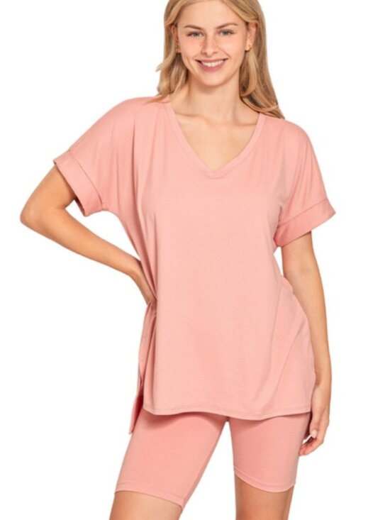 Zenana Outfitters Pants - B57 BRUSHED DTY MICROFIBER V-NECK HI-LOW HEM TOP & BIKER SHORTS SET NEW Pink